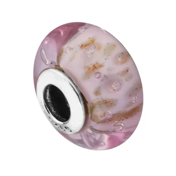 Ægte 925 Sterling Sølv med Pink Glimmer Murano Glas Charm Passer til Pandora Armbånd DIY Perler til smykkefremstilling Engros kralen