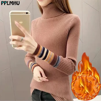 Elastisk farve stribet tynde strikket rullekrave pullovere kvinder kontrast farve slank varm tyk sweater vinter med lange ærmer toppe