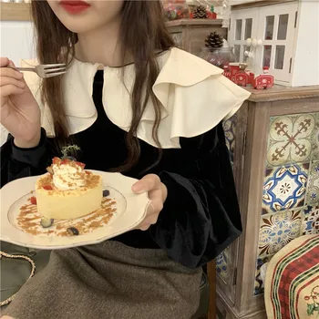 Hættetrøjer Kvinder Plys Peter Pan Krave Kawaii Koreanske Patchwork Sød Sweatshirts Dame Streetwear Mode Nye Harajuku Ins Chic