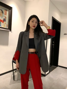 Kontor Damer Ternet Blazer Koreanske Niche Elegante Grå Slim Kontrast Farve Blazere 2020 Nye Kvindelige Jakke Mujer
