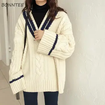 Trøjer Kvinder koreanske Patchwork Design, V-hals Tykkere Bløde Vinteren Falder Vintage Flare Ærmet Dame Strik Preppy Femme Pullovere