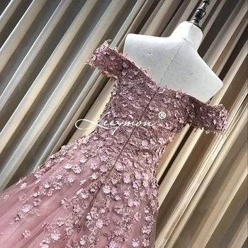 Pink Off Skulder Kjole til Aften i Ægte Fotos 3D Blomster Part Lejlighed Formelle Lang Evening Party Dress Robe De Soire