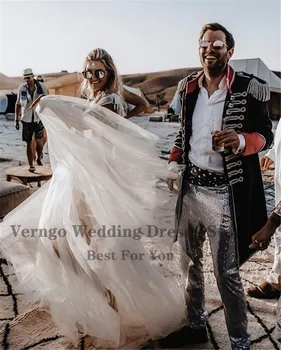 Verngo Nye Boho Strand Bryllup Kjole, Blonder, Tyl V Hals Sexet Land Brude Kjoler Med Lange Cape 2021 Moderne Robe de mariage
