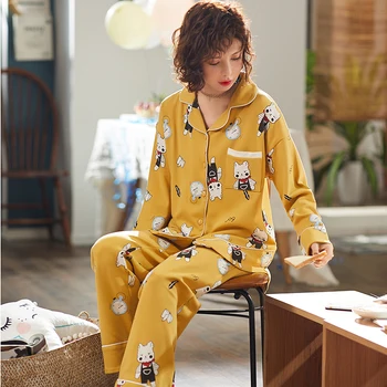 BZEL Kvinders Pyjamas Sæt Mode Afslappet Homewear Lange Ærmer Tegnefilm Husstand Turn-down Krave Pijama Feminino På Alle Årstider