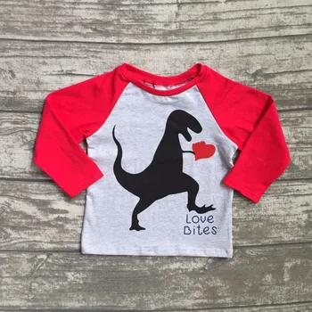 Nye forår Valentine 's Day baby boy' s Dinosaur rød grå hjerte kærlighed hjerte bomuld boutique søde topT-shirt reglans børn clotes